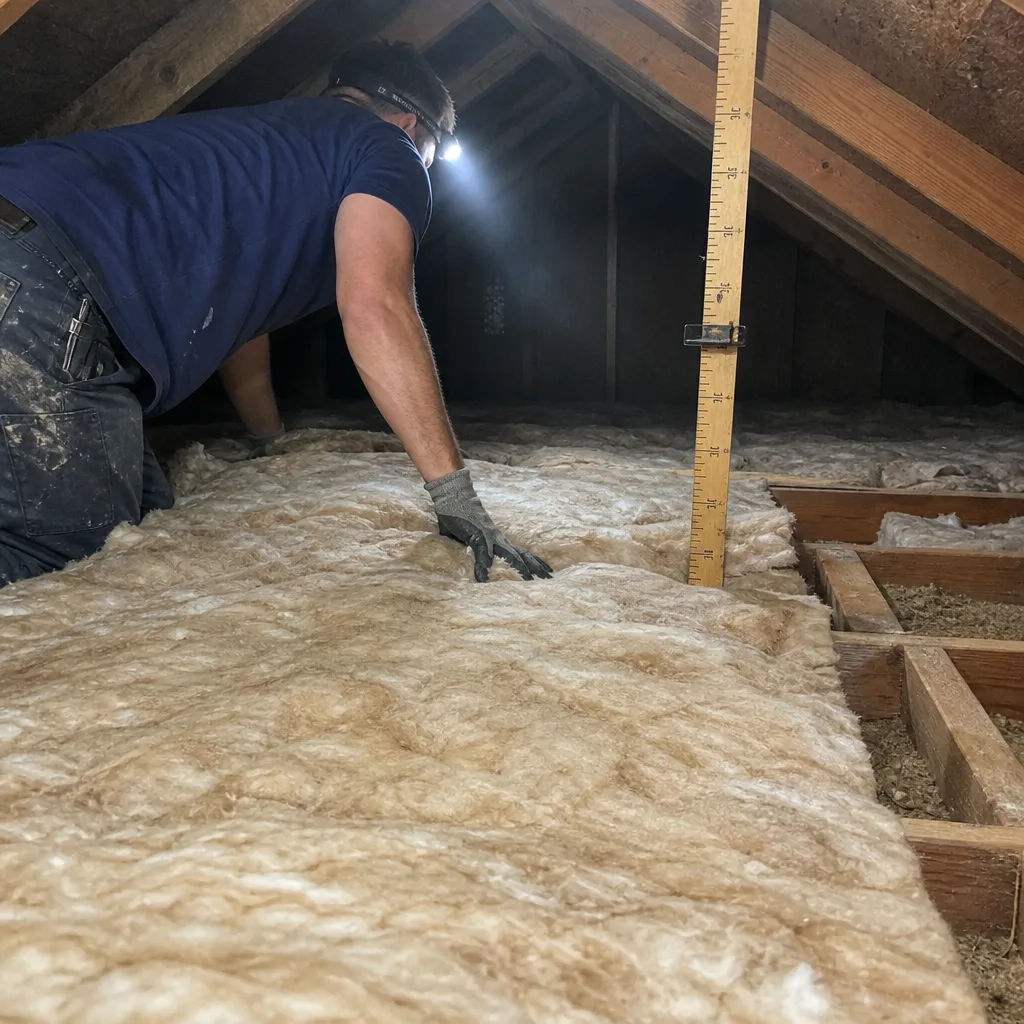 Technician installing fiberglass attic insulation
