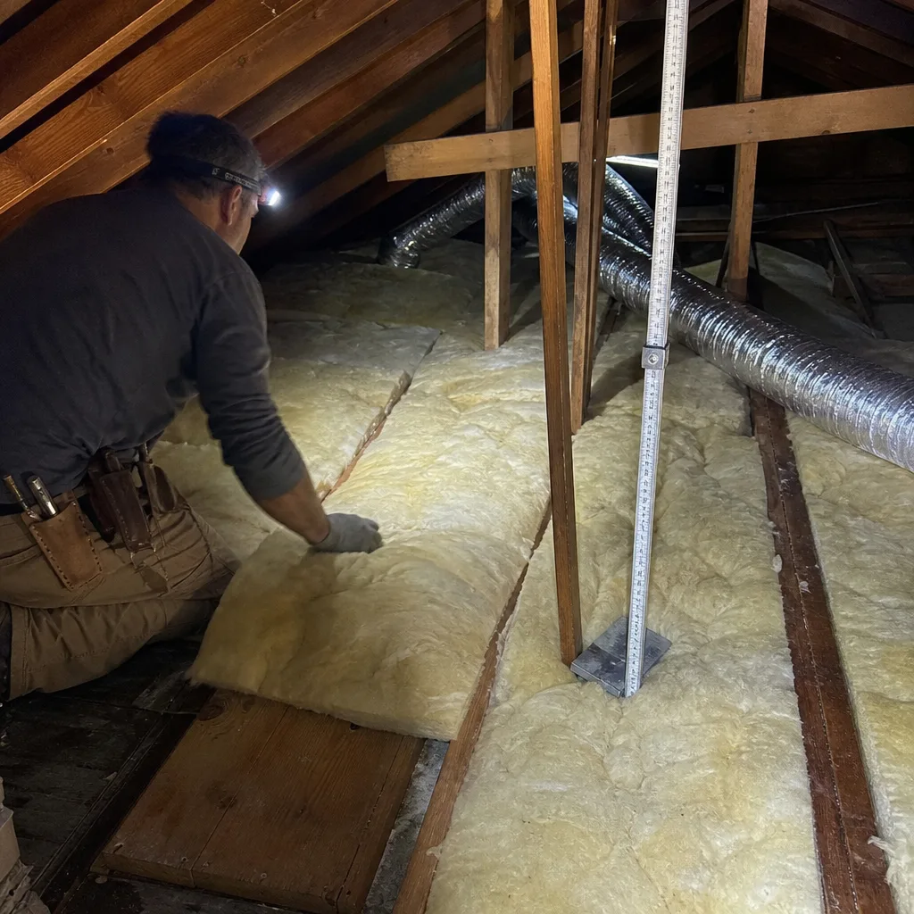 Professional technician installing fiberglass batt insulation in a residential attic