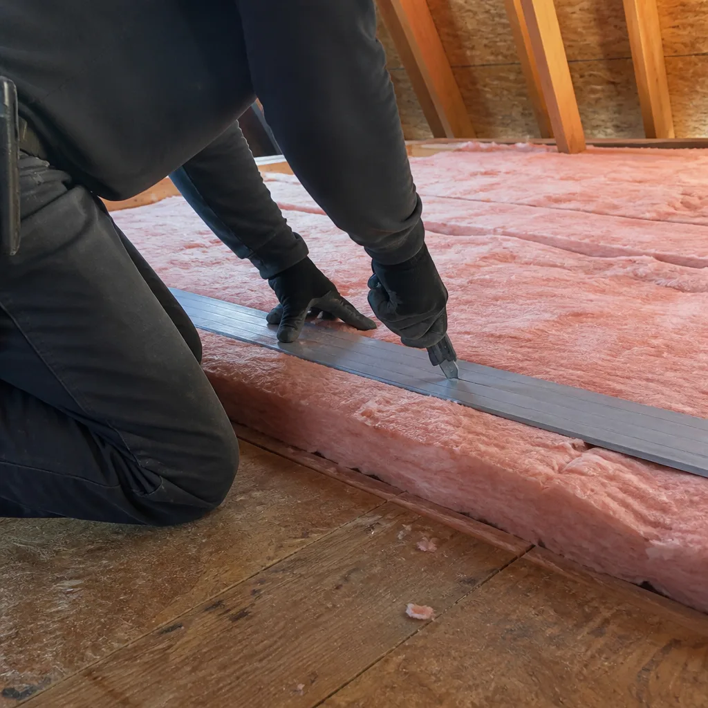 Worker cutting fiberglass attic insulation with a utility knife