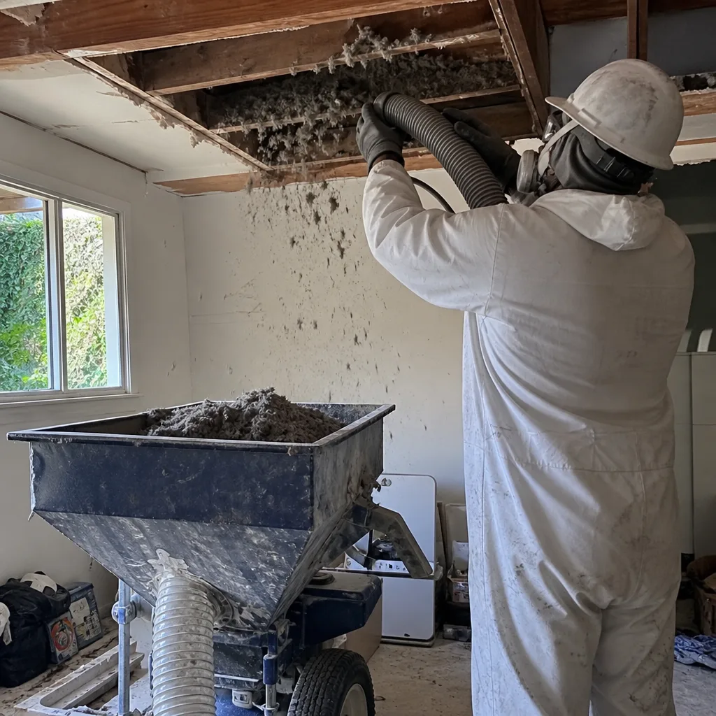Professional technician performing residential insulation removal with industrial vacuum equipment