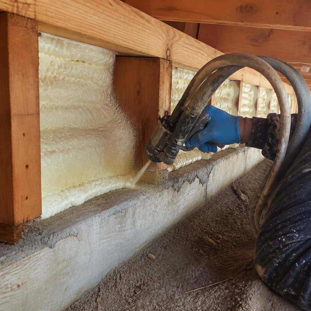 Professional applying spray foam insulation to wood framing and concrete foundation
