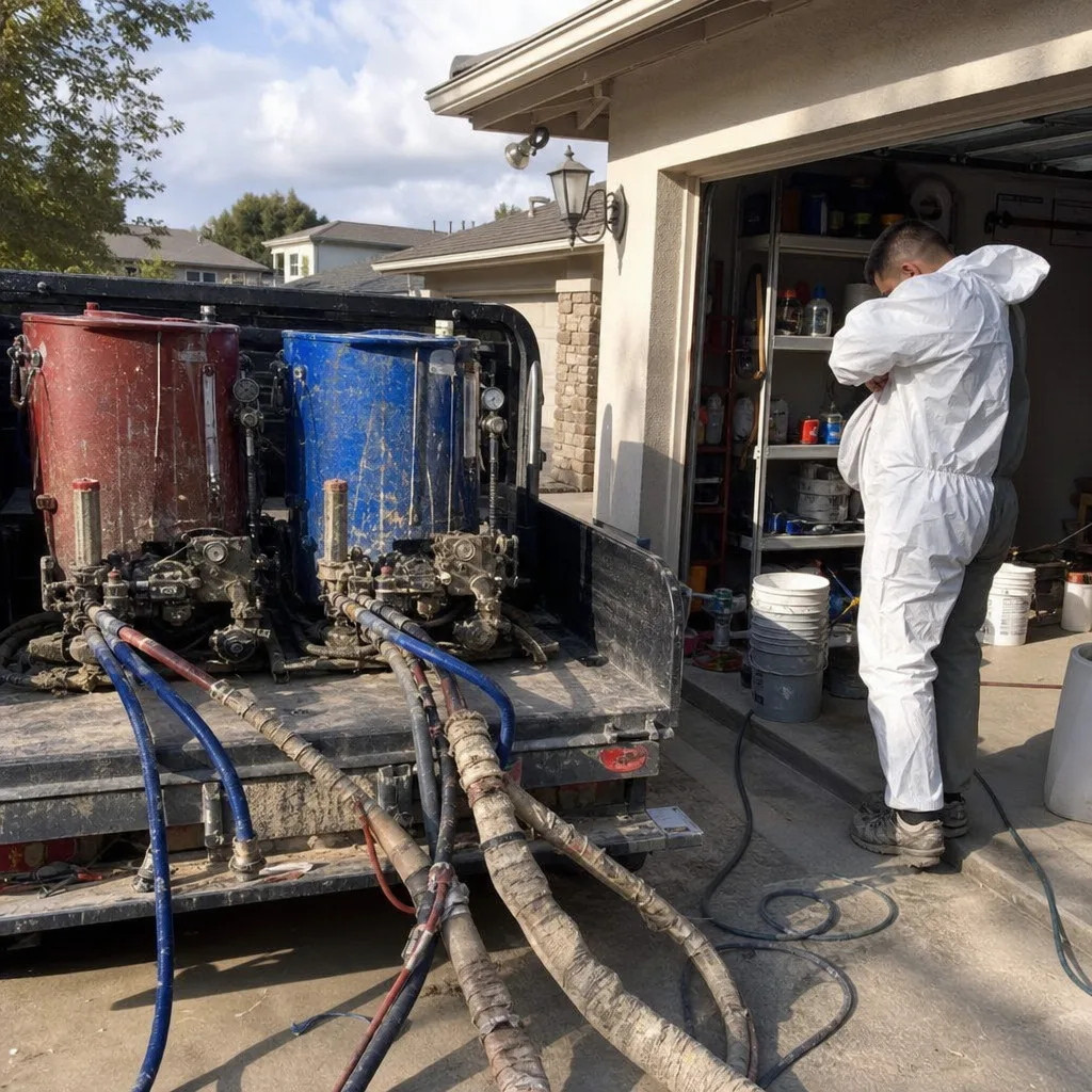 Technician in protective suit operating spray foam insulation equipment